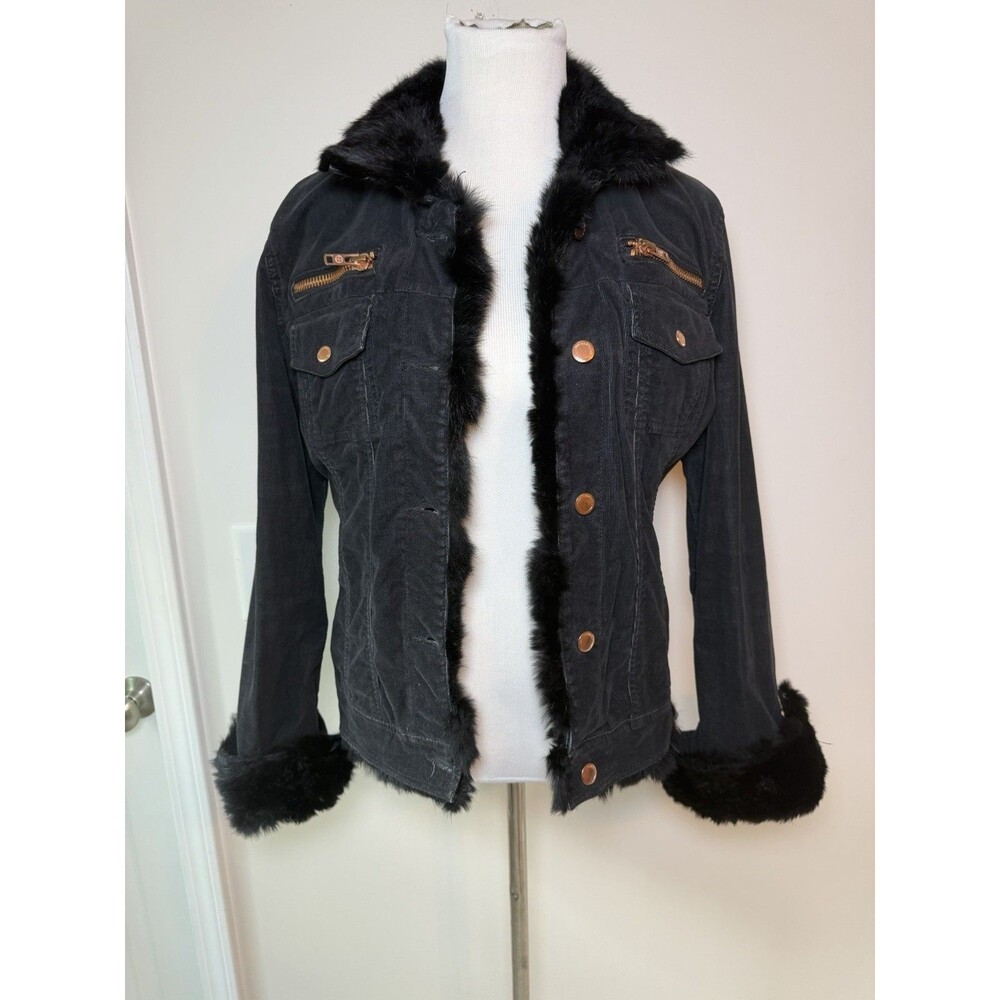 Twill Twenty Two Black Corduroy Jacket Rabbit Fur Trim Large Y2K Utility